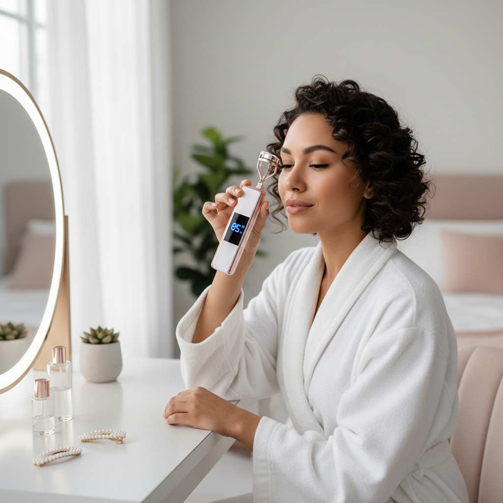 Woman using heated curler