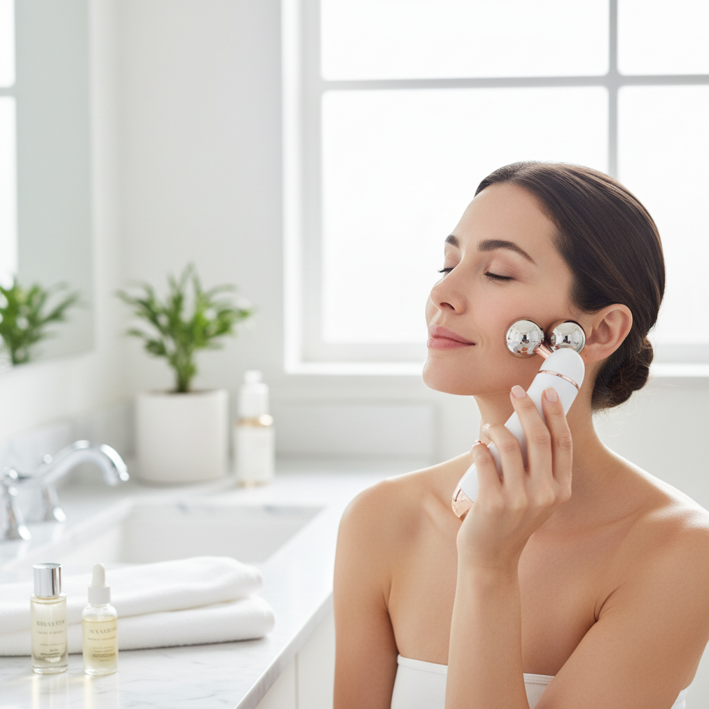 Woman using microcurrent device